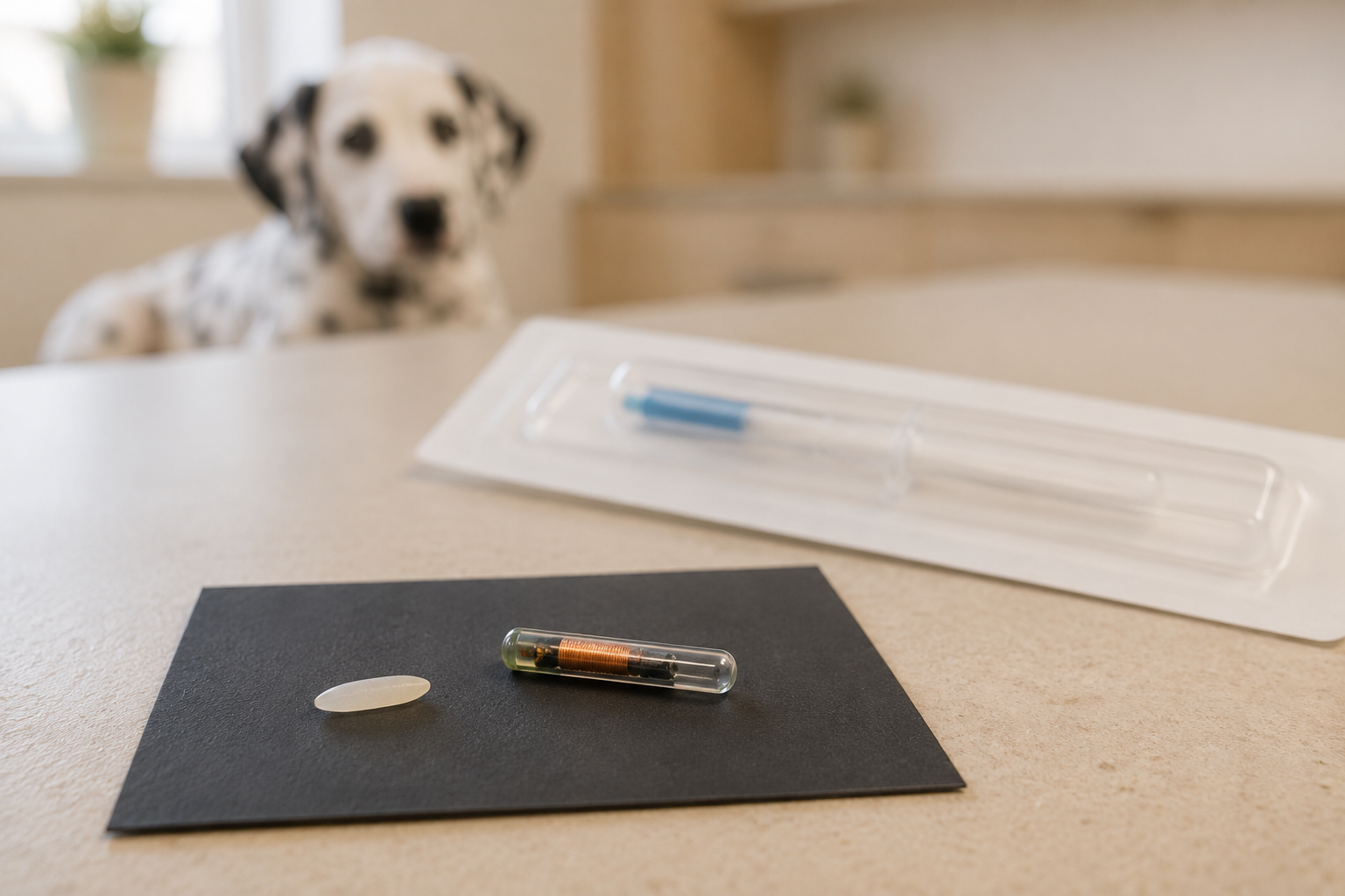 Makro detail drobného mikročipu pro psa vedle zrnka rýže